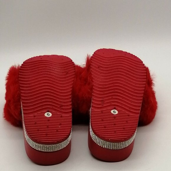 Eettaro Womens Platform‎ Flat Heel Slide Slipper Cushioned Red Faux Fur Sz 6 NEW - Picture 4 of 10